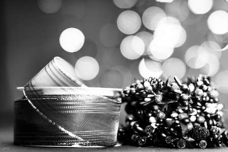 Decorated Christmas ornaments and blurred lightsの写真素材