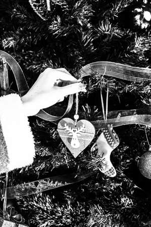 Decorated Christmas ornaments and blurred lightsの写真素材