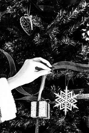 Decorated Christmas ornaments and blurred lightsの写真素材