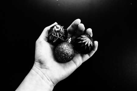 Decorated Christmas ornaments and blurred lightsの写真素材