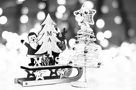 Decorated Christmas ornaments and blurred lightsの写真素材