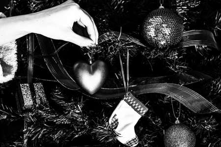 Decorated Christmas ornaments and blurred lightsの写真素材