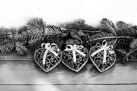 Decorated Christmas ornaments and blurred lightsの写真素材