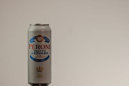 Peroni Nastro Azzurro, a premium lager beer produced since 1963 by Peroni Brewery located in Rome, Italy. Studio photo shoot in Bucharest, Romania, 2020のeditorial素材