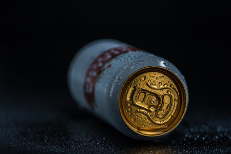 Condensation water droplets on Stella Artois beer can isolated on black. Bucharest, Romania, 2020のeditorial素材