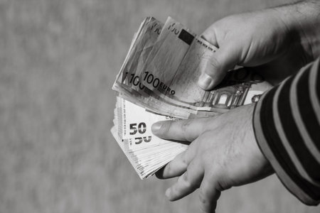 EURO banknote, photo of EUR currency. EUR money inflation in Europe