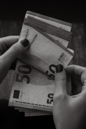 EURO banknote, photo of EUR currency. EUR money inflation in Europe