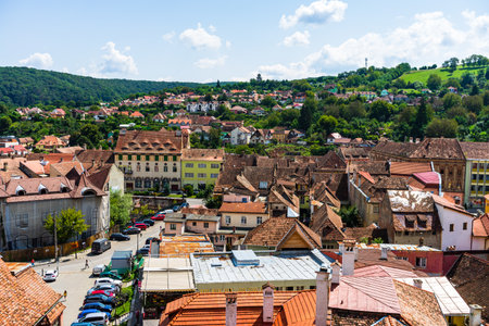 Panoramic landscape of the old town of Sighisoara, Transylvaniaの写真素材