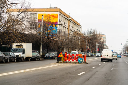 Car traffic at rush hour in downtown area of the city Bucharest, Romania, 2022
