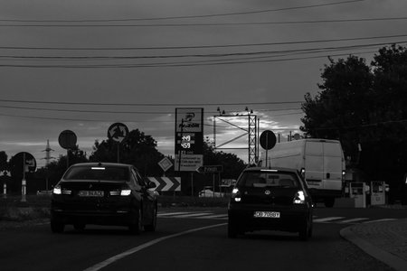 Car traffic, pollution, traffic jam city downtown Bucharest, Romania, 2022