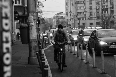Car traffic, pollution, traffic jam city downtown Bucharest, Romania, 2022のeditorial素材