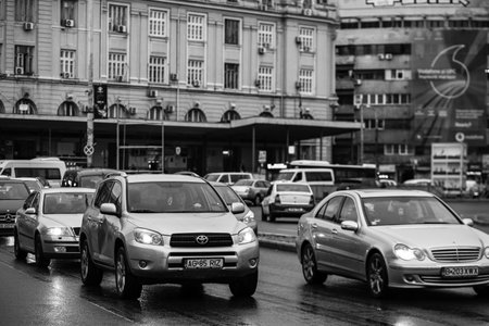 Car traffic, pollution, traffic jam city downtown Bucharest, Romania, 2022