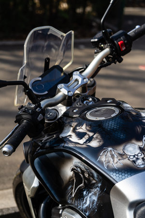 Detail of custom Honda motorbike in Bucharest, Romania, 2022