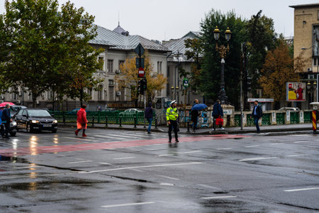Car traffic, pollution, traffic jam in the morning and evening in the capital city of Bucharest, Romania, 2022のeditorial素材