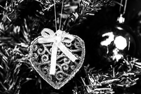 Decorated Christmas ornaments and blurred lightsの写真素材