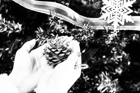 Decorated Christmas ornaments and blurred lightsの写真素材