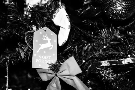 Decorated Christmas ornaments and blurred lightsの写真素材