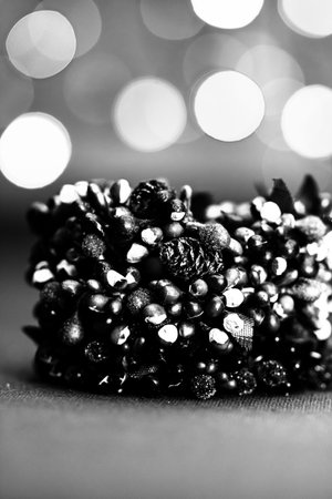 Decorated Christmas ornaments and blurred lightsの写真素材