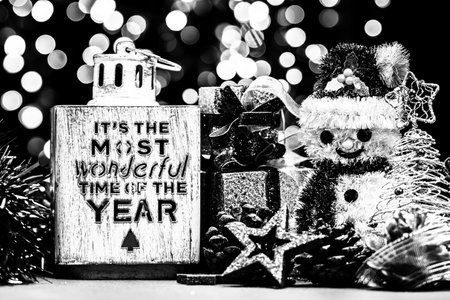 Decorated Christmas ornaments and blurred lightsの写真素材