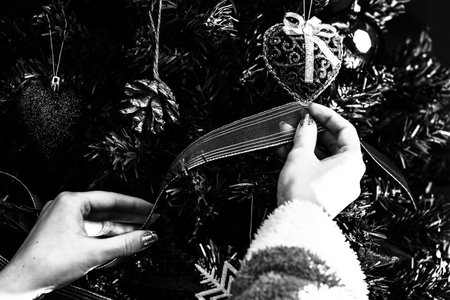 Decorated Christmas ornaments and blurred lightsの写真素材