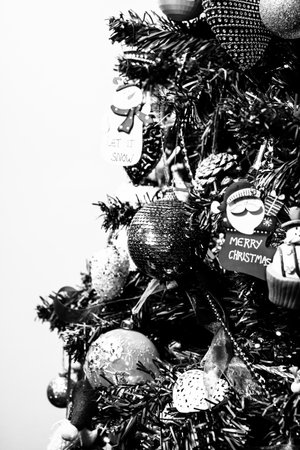 Decorated Christmas ornaments and blurred lightsの写真素材