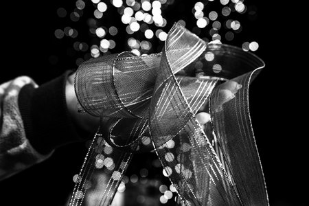 Decorated Christmas ornaments and blurred lightsの写真素材