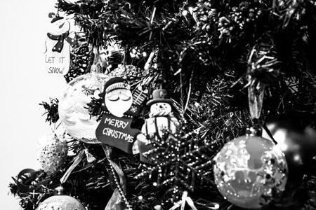 Decorated Christmas ornaments and blurred lightsの写真素材