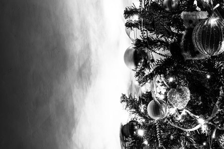 Decorated Christmas ornaments and blurred lightsの写真素材