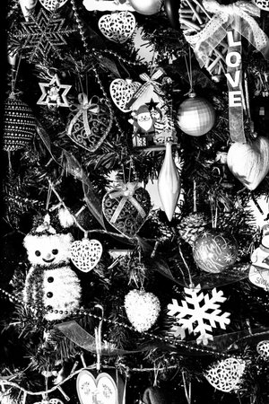 Decorated Christmas ornaments and blurred lightsの写真素材