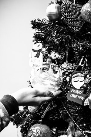 Decorated Christmas ornaments and blurred lightsの写真素材