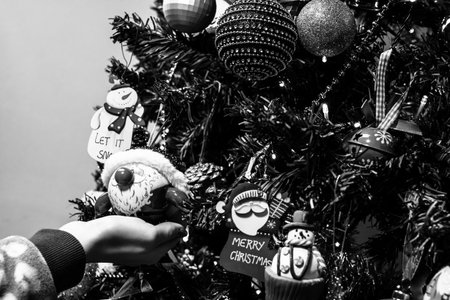 Decorated Christmas ornaments and blurred lightsの写真素材