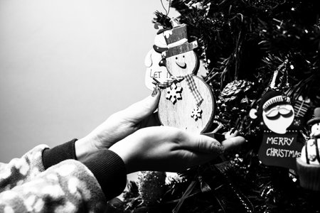 Decorated Christmas ornaments and blurred lightsの写真素材