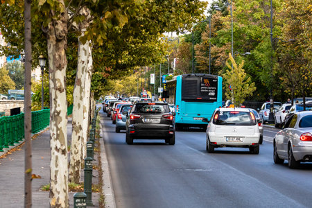 Car traffic at rush hour, car pollution, traffic jam in Bucharest, Romania, 2022のeditorial素材
