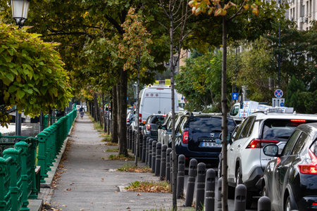 Car traffic at rush hour, car pollution, traffic jam in Bucharest, Romania, 2022のeditorial素材