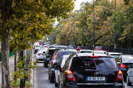 Car traffic at rush hour, car pollution, traffic jam in Bucharest, Romania, 2022のeditorial素材