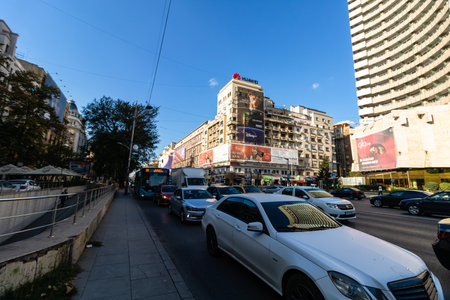 Car traffic at rush hour, car pollution, traffic jam in Bucharest, Romania, 2022のeditorial素材