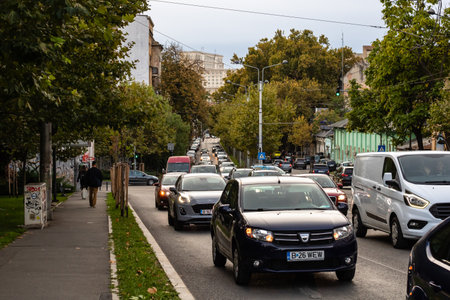 Car traffic at rush hour, car pollution, traffic jam in Bucharest, Romania, 2022のeditorial素材