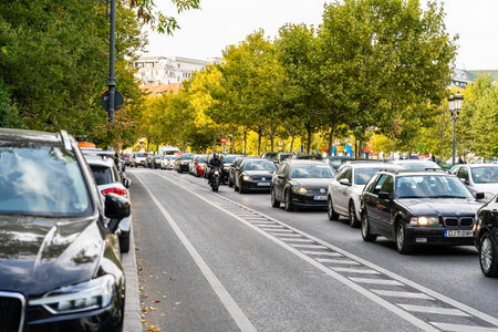 Car traffic at rush hour, car pollution, traffic jam in Bucharest, Romania, 2022のeditorial素材