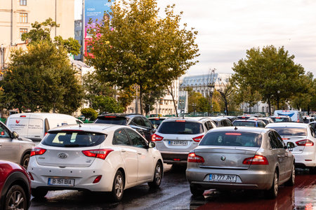 Car traffic at rush hour, car pollution, traffic jam in Bucharest, Romania, 2022