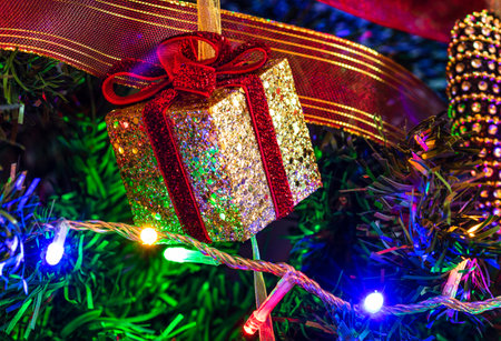 Christmas tree decorations with Christmas lightsの写真素材