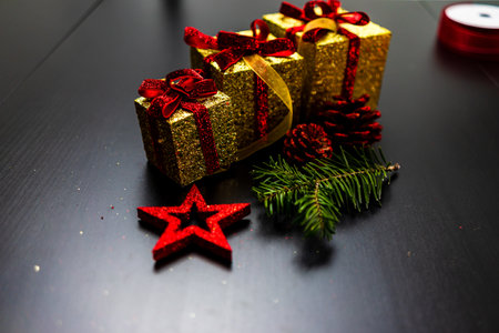 Christmas tree decorations with Christmas lightsの写真素材