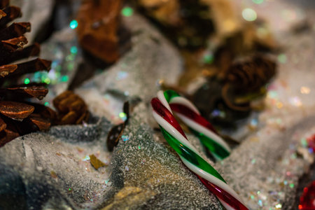 Christmas tree decorations with Christmas lightsの写真素材