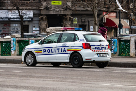 Romanian Police Car (Politia Rutiera) in Bucharest traffic, Romania, 2022のeditorial素材