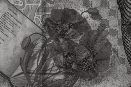 Selective focus on detail of lei banknotes. Close up macro detail of romanian lei banknotes, 200 lei...