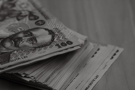 Detail of LEI banknotes. Staks of Romanian LEI banknotes. World money concept, inflation and economy...