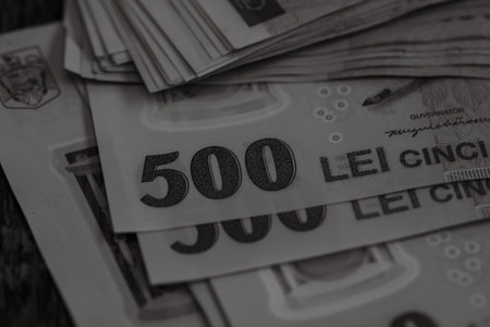 Selective focus on stack of LEI romanian money. Lei banknotes isolated.の写真素材