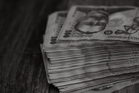 Detail of LEI banknotes. Staks of Romanian LEI banknotes. World money concept, inflation and economy...