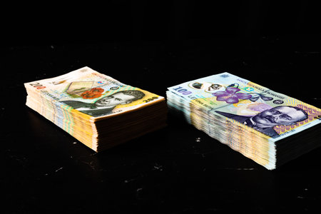 Stack of LEI Romanian money. RON Leu Money European Currency