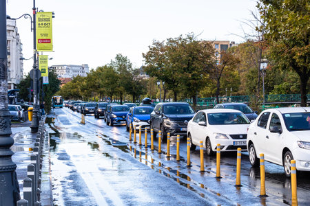 Car traffic at rush hour, car pollution, traffic jam in Bucharest, Romania, 2022のeditorial素材