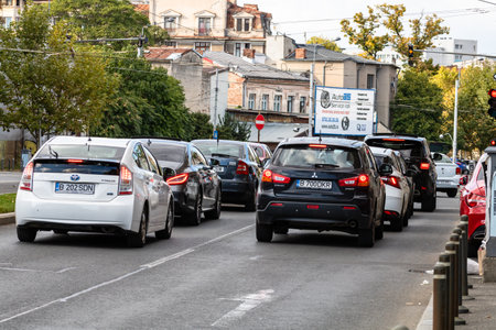 Car traffic at rush hour, car pollution, traffic jam in Bucharest, Romania, 2022のeditorial素材